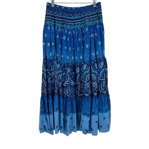 Phool Maxi Skirt Tiered Boho Paisley Print‎ Elastic Waist Blue Cotton S